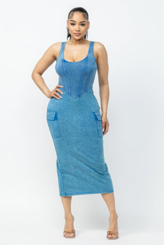 Acid Washed Cargo Midi Dress | APPAREL, Blue, CCPRODUCTS, DRESSES, NEW ARRIVALS | Bodiied