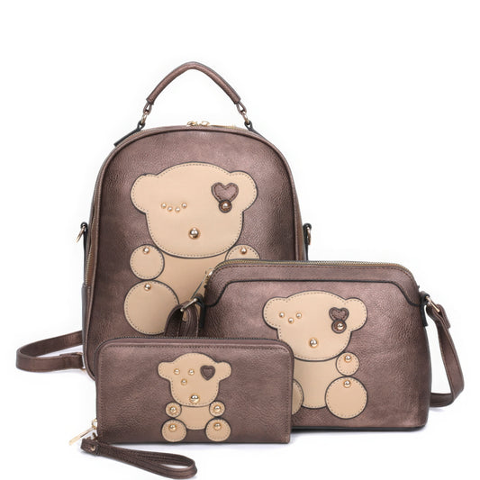 3in1 Cute Bear Design Handle Backpack W Crossbody And Wallet Set | ACCESSORIES, Brown, CCPRODUCTS, Gold, HANDBAGS, Mustard, NEW ARRIVALS, pewter, Pink, stone | Bodiied