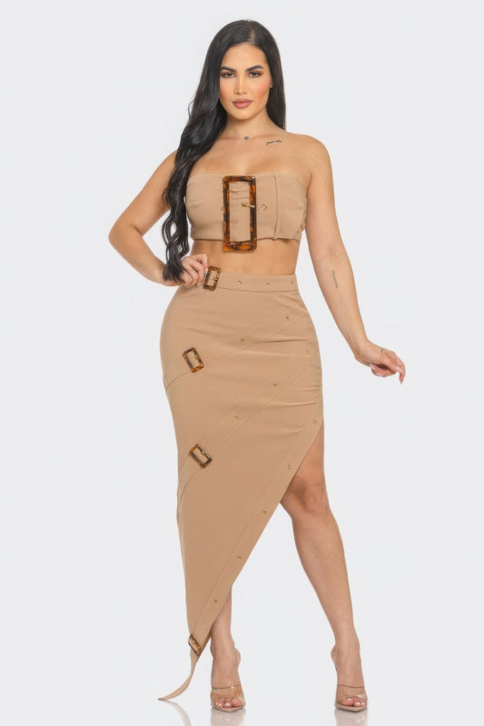 Front Eyelet Buckle Belt Top And Skirt Set | APPAREL, CCPRODUCTS, NEW ARRIVALS, SETS, Taupe | Bodiied