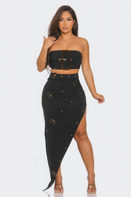 Front Eyelet Buckle Belt Top And Skirt Set | APPAREL, Black, CCPRODUCTS, NEW ARRIVALS, SETS | Bodiied