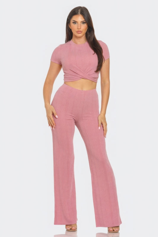 Front Twist Detail Top And Flare Pants Set | APPAREL, CCPRODUCTS, Mauve, NEW ARRIVALS, Sage, SETS | Bodiied